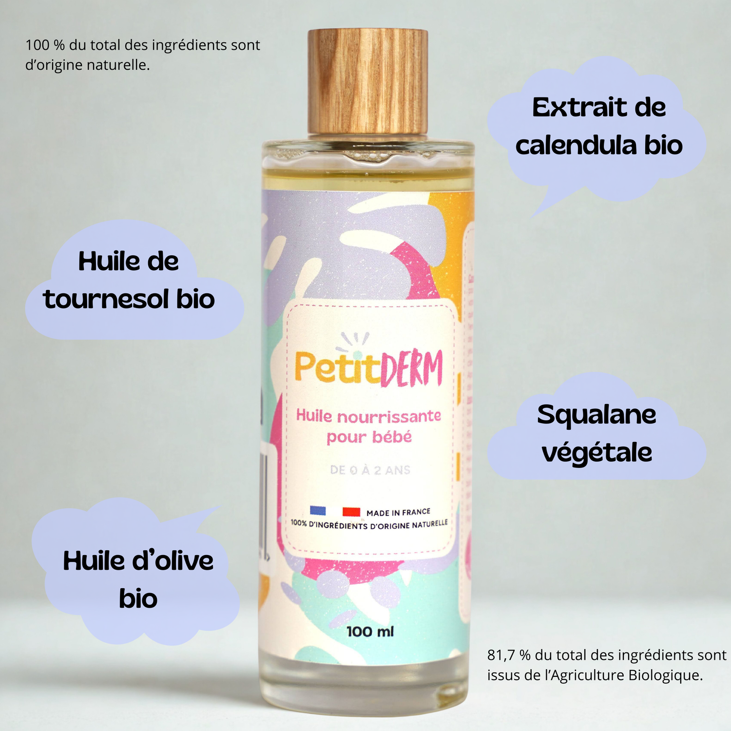 composition de l'huile bébé PetitDerm : tournesol bio, squalane, olive, calendula